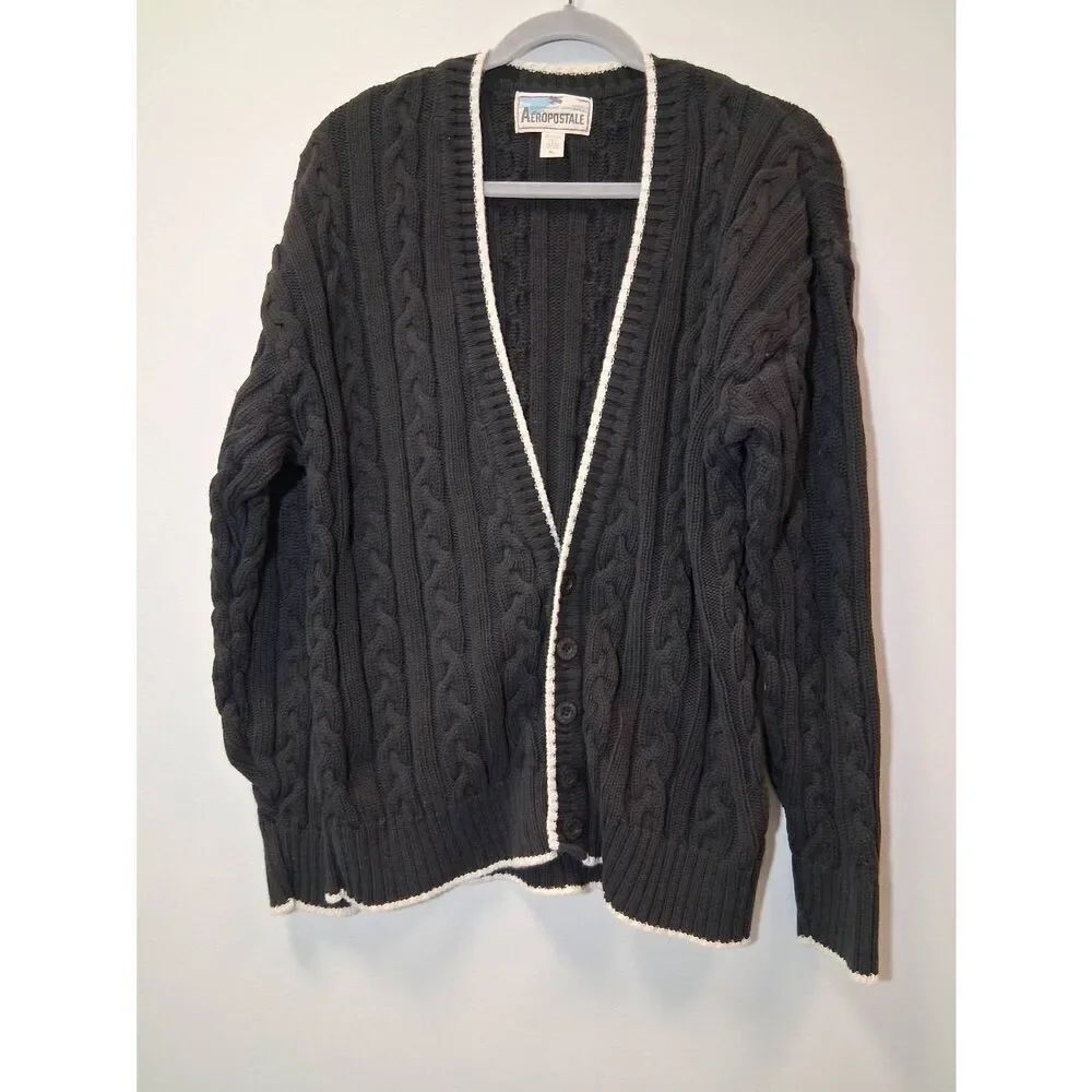 Y2k vintage Aeropostale womens sweater cardigan chunky cable knit cotton black